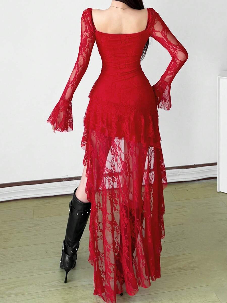 Women's solid color square neck midi dress with contrast lace patchwork, long flare sleeves, high waist, and an asymmetrical hem.