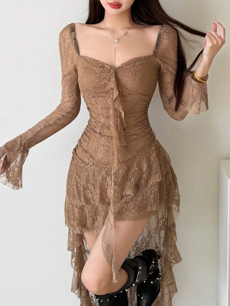 Women's solid color square neck midi dress with contrast lace patchwork, long flare sleeves, high waist, and an asymmetrical hem.