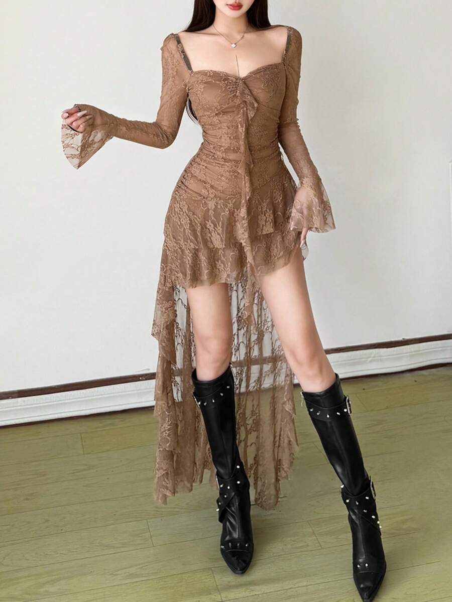 Women's solid color square neck midi dress with contrast lace patchwork, long flare sleeves, high waist, and an asymmetrical hem.