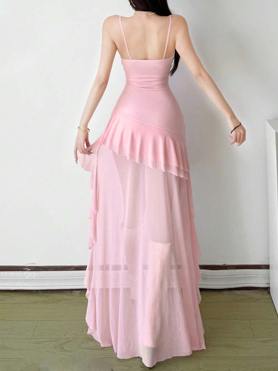 Women's white off shoulder asymmetrical camisole midi dress featuring a fitted high waist and sleeveless knitted design.