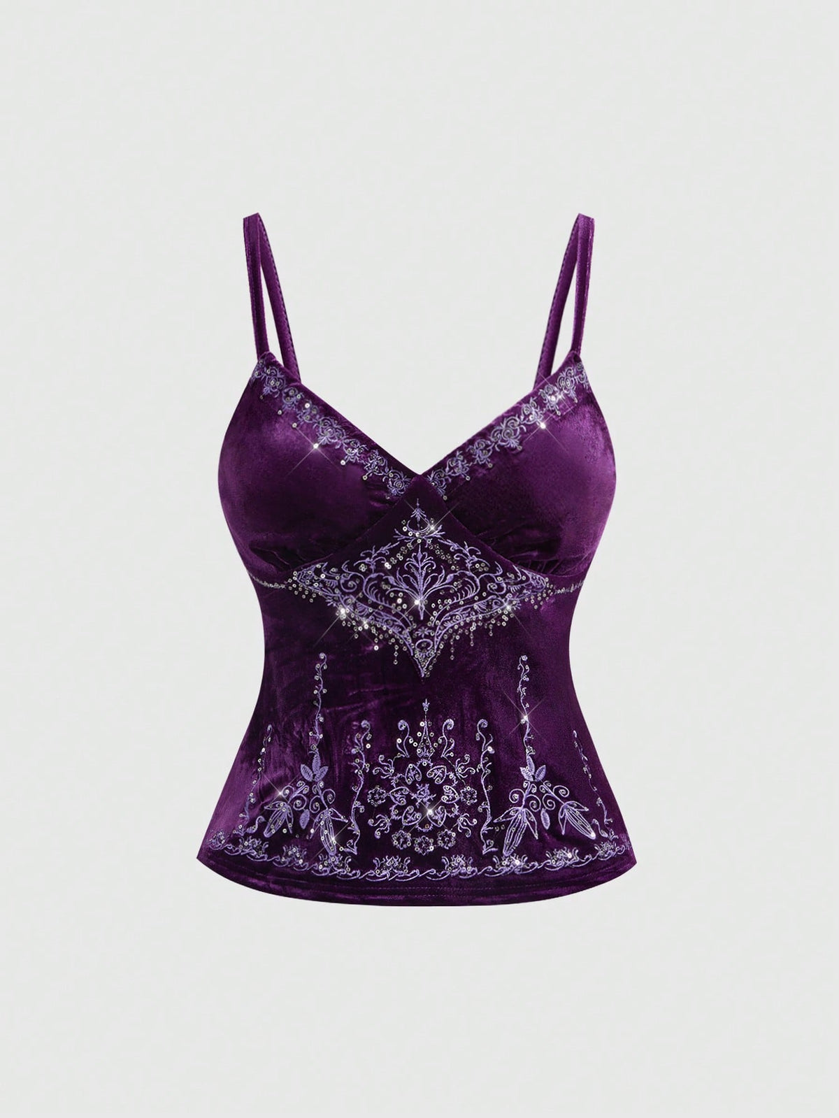Women's purple velvet camisole top with contrast lace trim and spaghetti straps in a slim fit design.