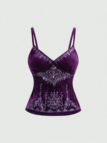 Women's purple velvet camisole top with contrast lace trim and spaghetti straps in a slim fit design.