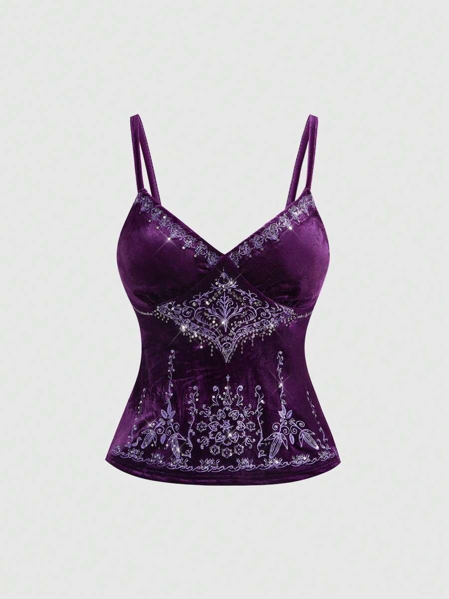 Women's purple velvet camisole top with contrast lace trim and spaghetti straps in a slim fit design.