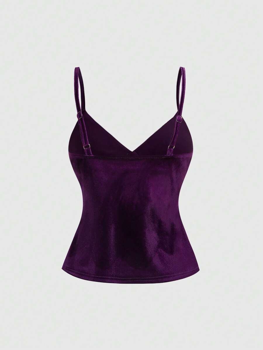 Women's purple velvet camisole top with contrast lace trim and spaghetti straps in a slim fit design.