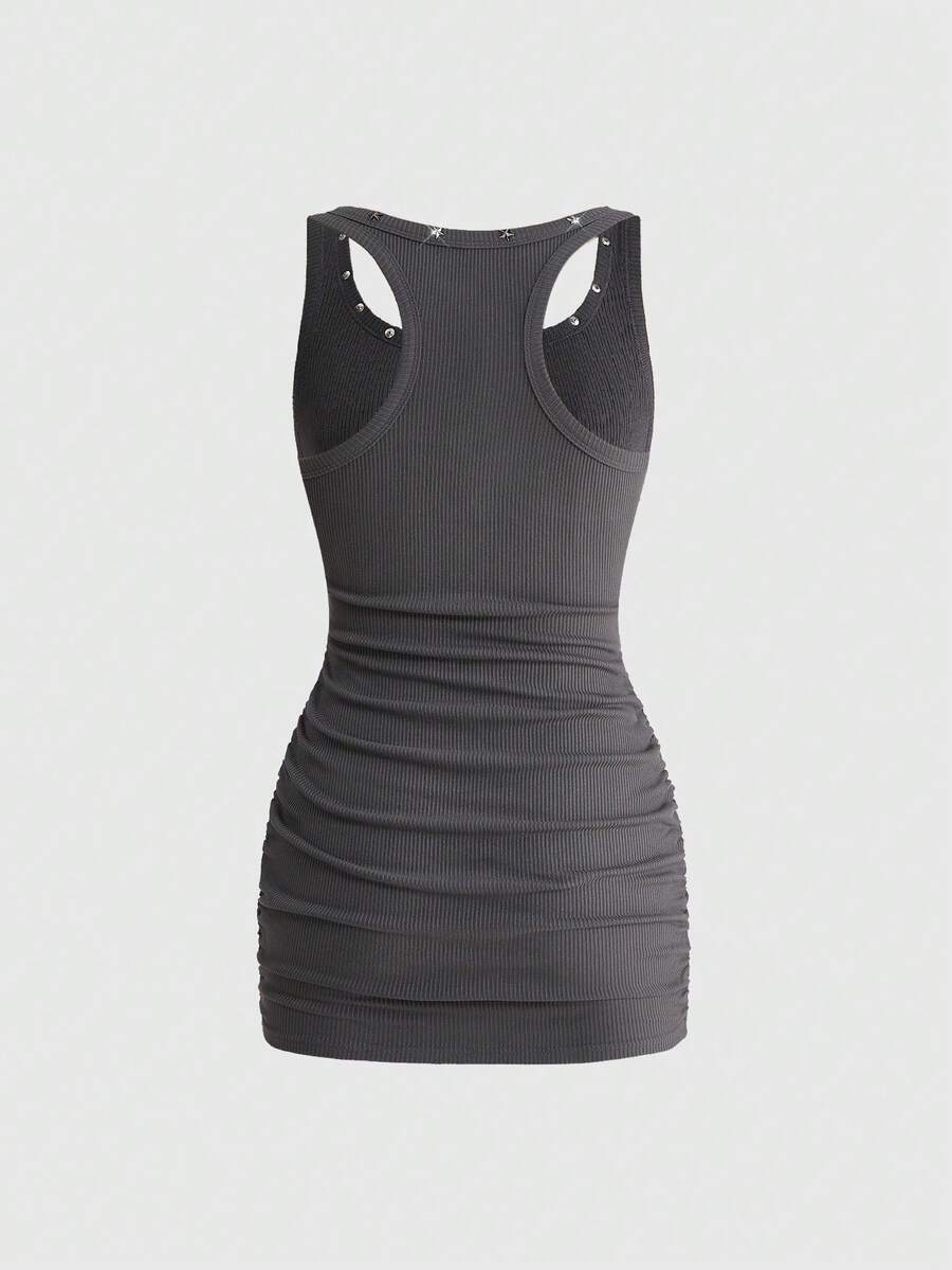 Army green short sleeve ruched bodycon mini dress for women featuring a scoop neckline and slim fit pencil hem.