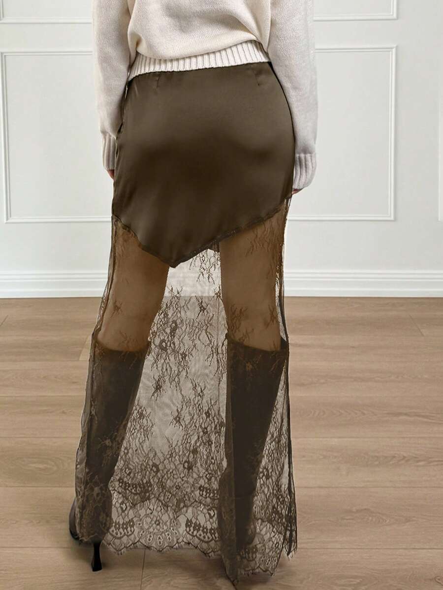 Women's army green lace patchwork maxi skirt with asymmetrical slit, low waist design, and semi-sheer mesh rib-knit details.