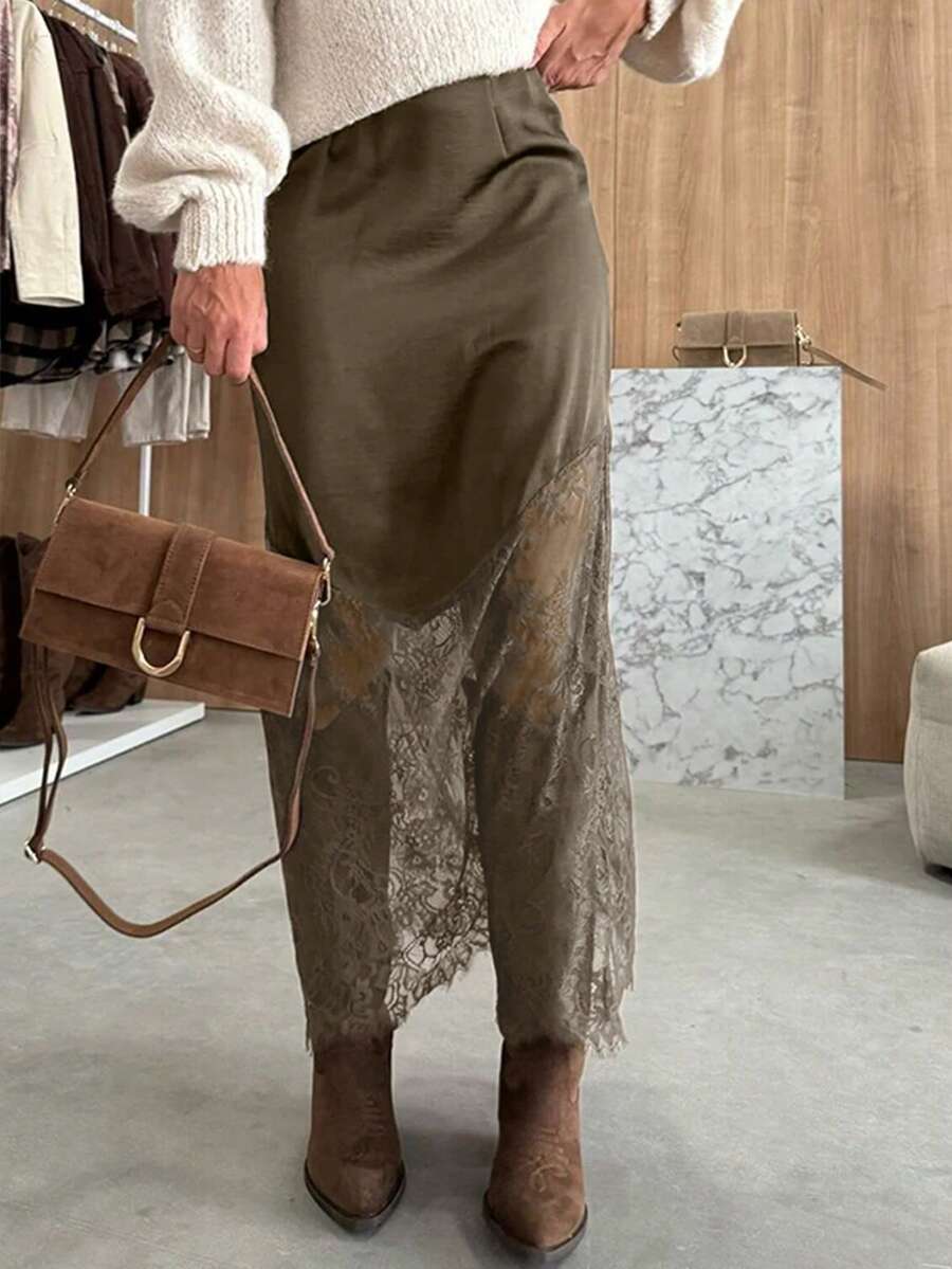Women's army green lace patchwork maxi skirt with asymmetrical slit, low waist design, and semi-sheer mesh rib-knit details.