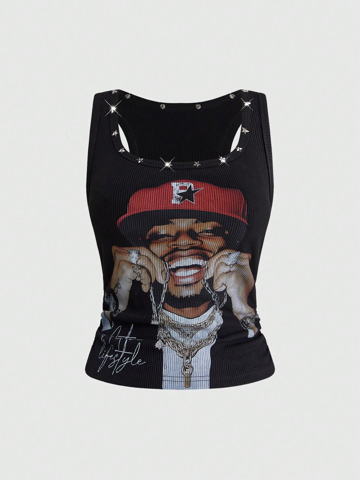 Black scoop neck tank top for women featuring a graphic star print design in a slim fit silhouette.