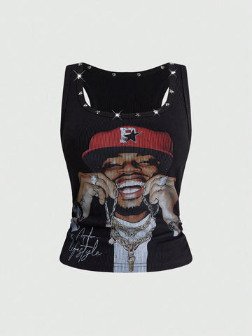 Black scoop neck tank top for women featuring a graphic star print design in a slim fit silhouette.