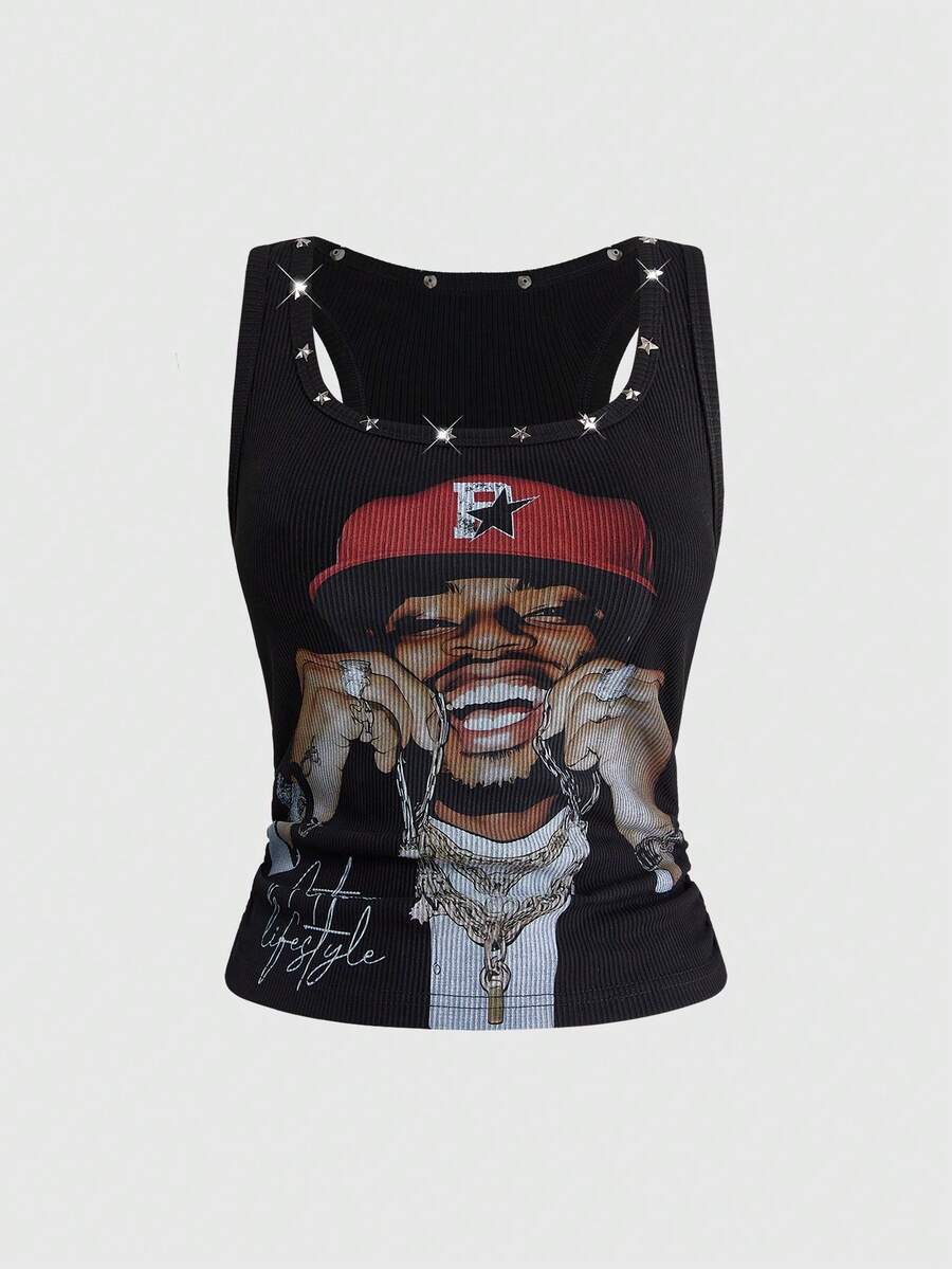 Black scoop neck tank top for women featuring a graphic star print design in a slim fit silhouette.