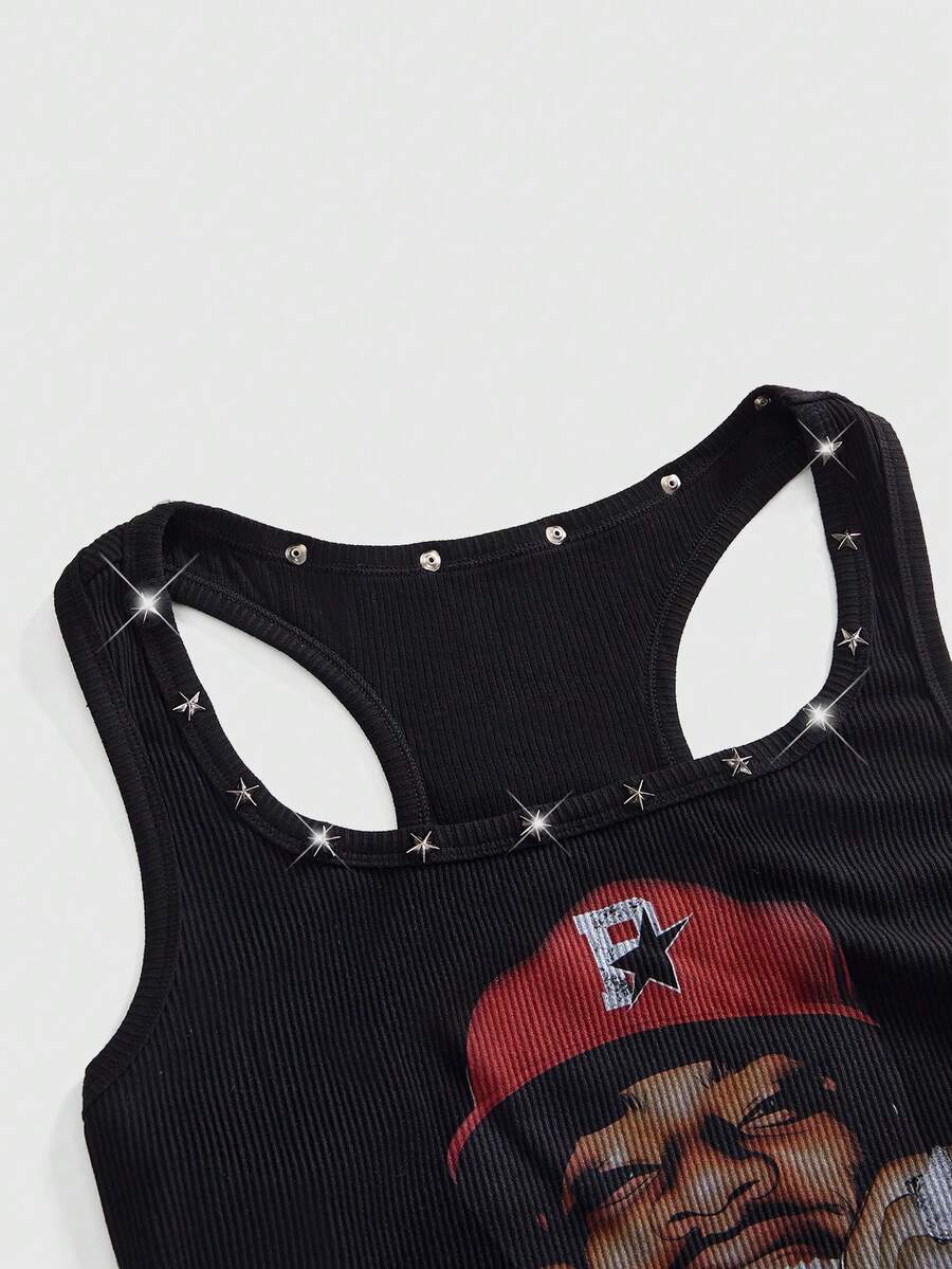 Black scoop neck tank top for women featuring a graphic star print design in a slim fit silhouette.