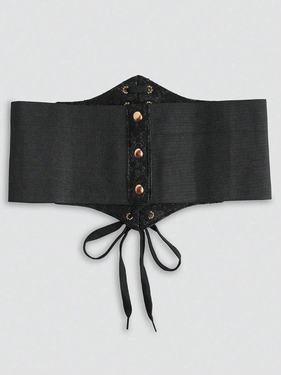 Black lace-up waist cincher with grommet eyelets, baroque pattern, medium stretch, and wide belt design for women.