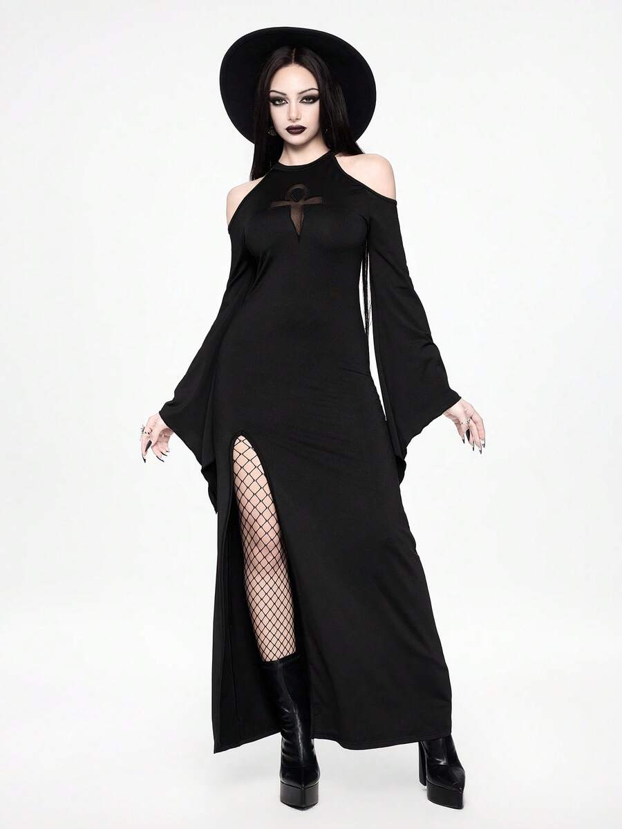 Women's black gothic long bodycon dress featuring cut out details, cold shoulder wrist-length sleeves, and a high split thigh hem.