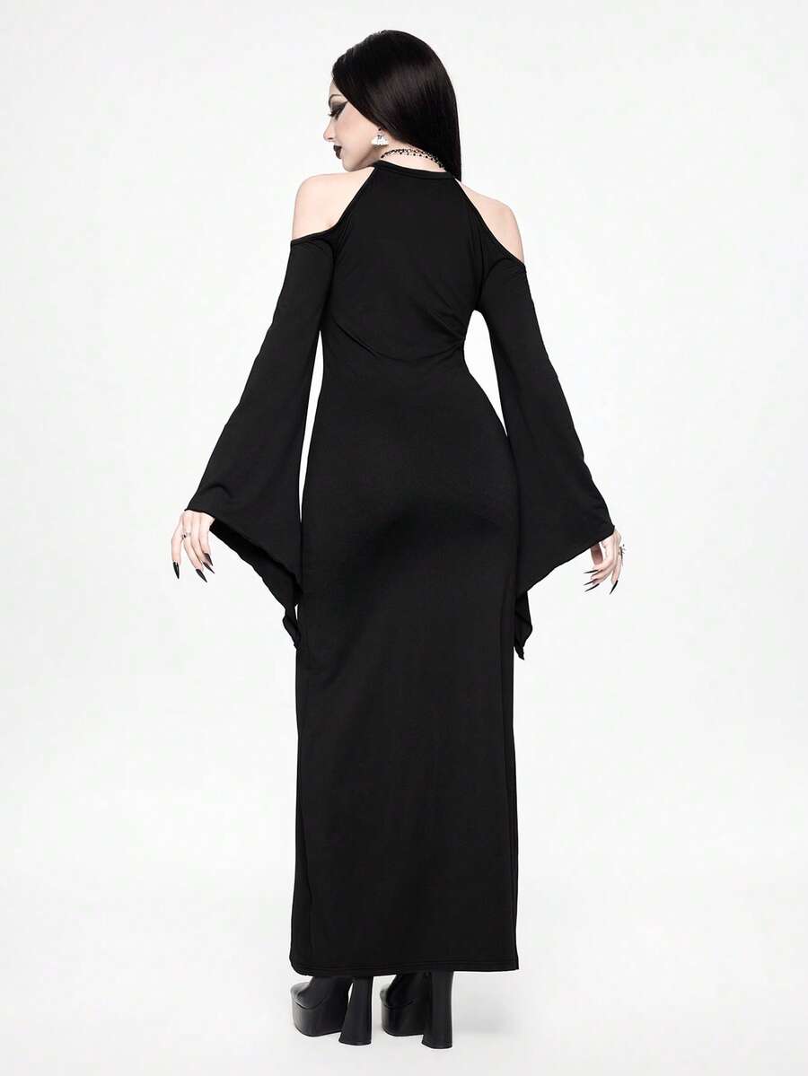 Women's black gothic long bodycon dress featuring cut out details, cold shoulder wrist-length sleeves, and a high split thigh hem.