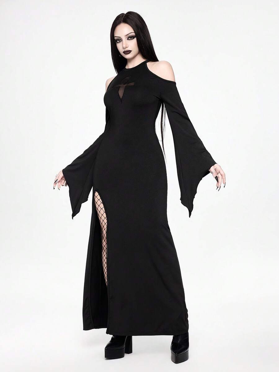 Women's black gothic long bodycon dress featuring cut out details, cold shoulder wrist-length sleeves, and a high split thigh hem.