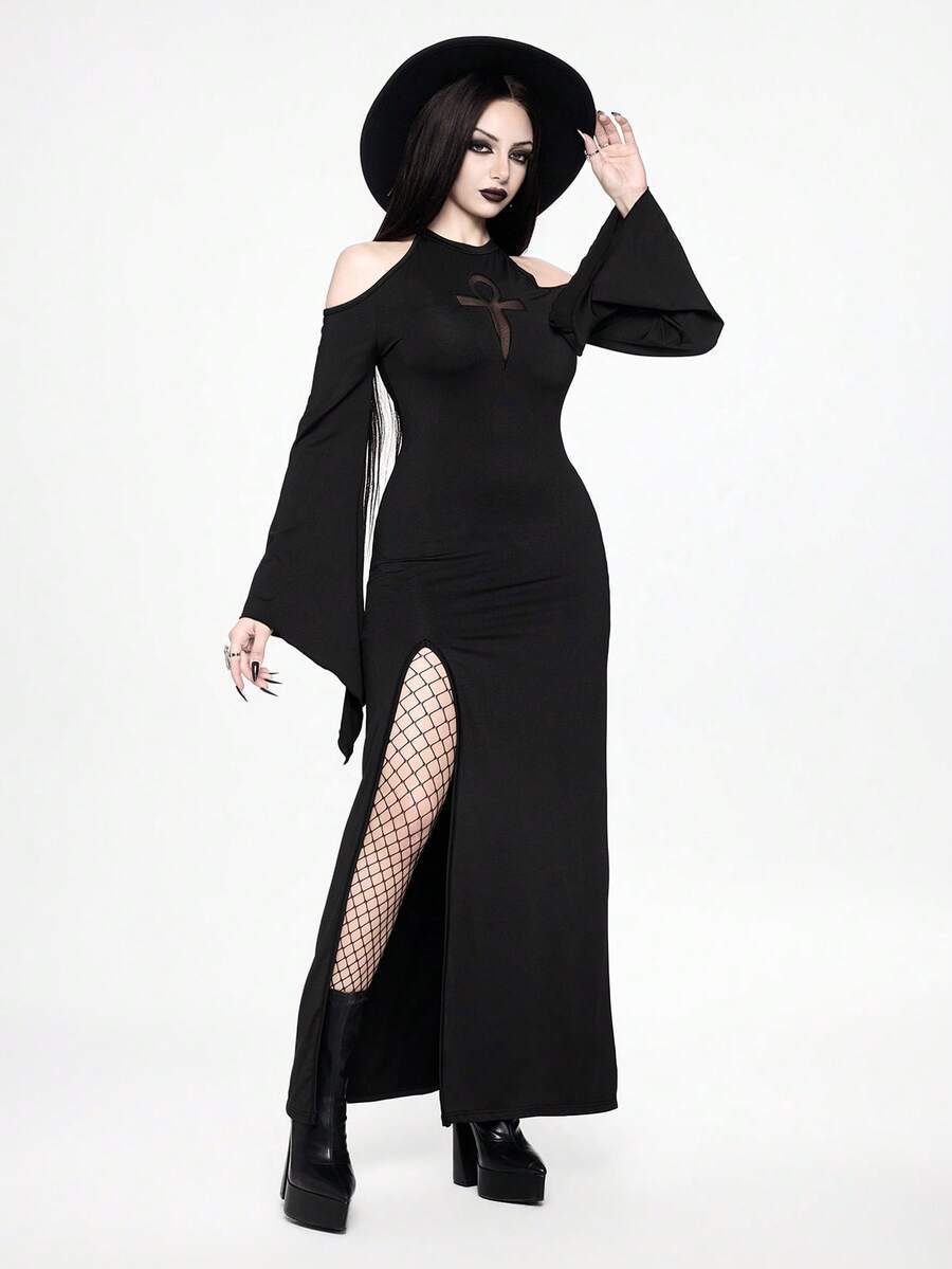 Women's black gothic long bodycon dress featuring cut out details, cold shoulder wrist-length sleeves, and a high split thigh hem.
