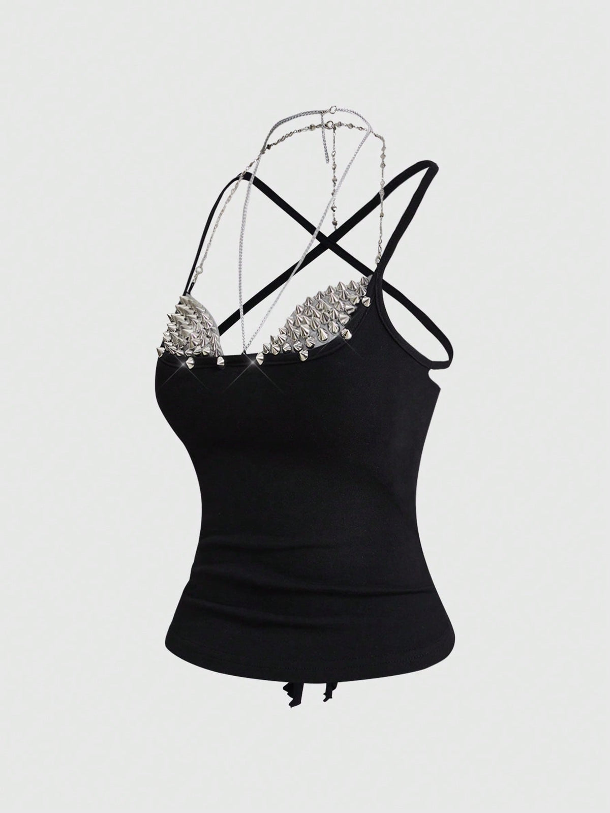 Women's black halter backless crop top with criss cross knot design and spaghetti straps.