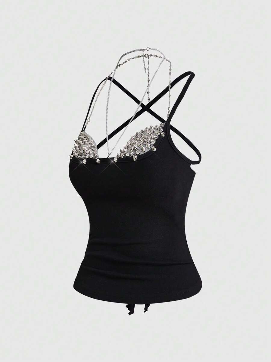 Women's black halter backless crop top with criss cross knot design and spaghetti straps.