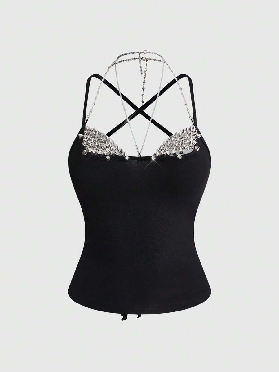 Women's black halter backless crop top with criss cross knot design and spaghetti straps.