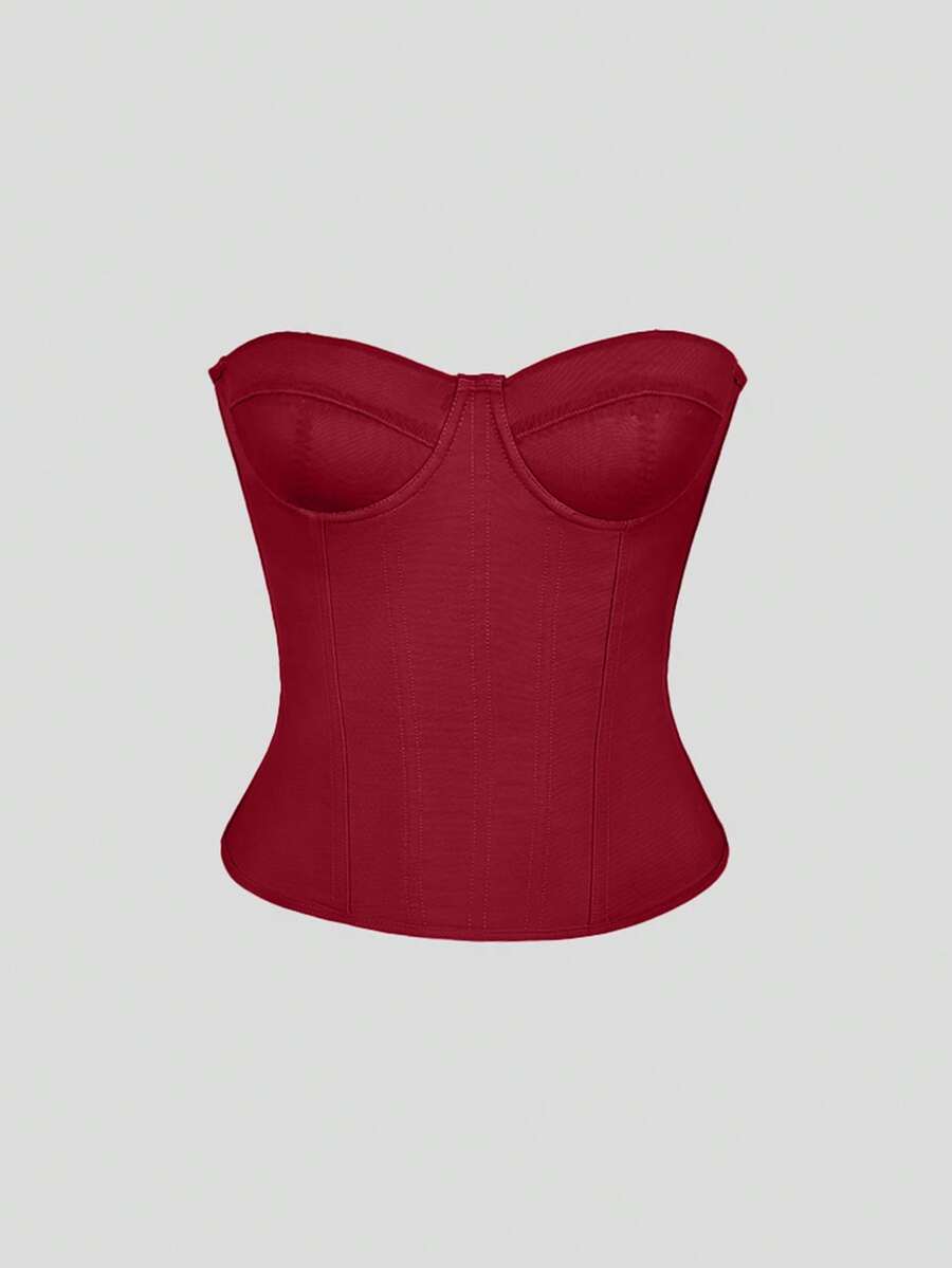 Red strapless corset top with boning and lace-up back, slim fit cropped tube top for women.