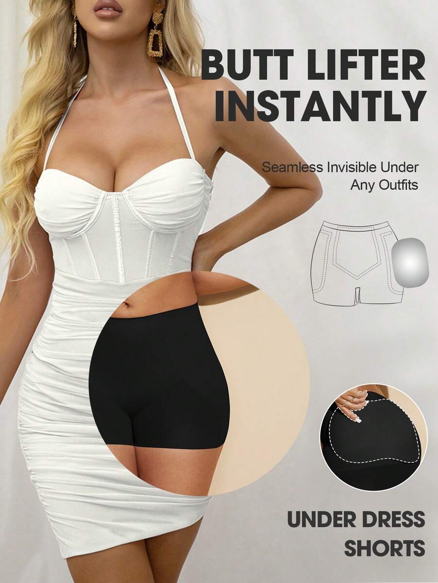 Women's black seamless waist trainer shorts featuring tummy control and butt lifting pads
