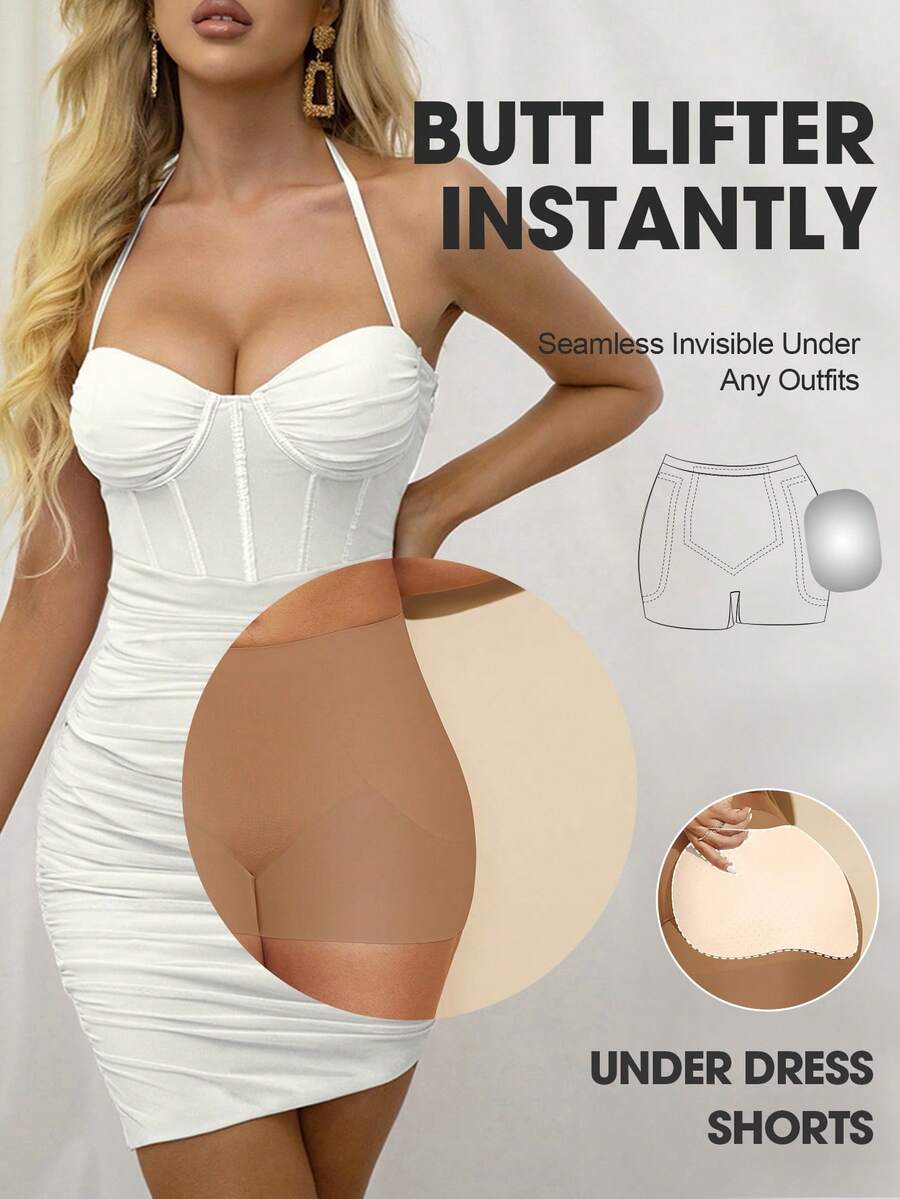 Women's black seamless waist trainer shorts featuring tummy control and butt lifting pads