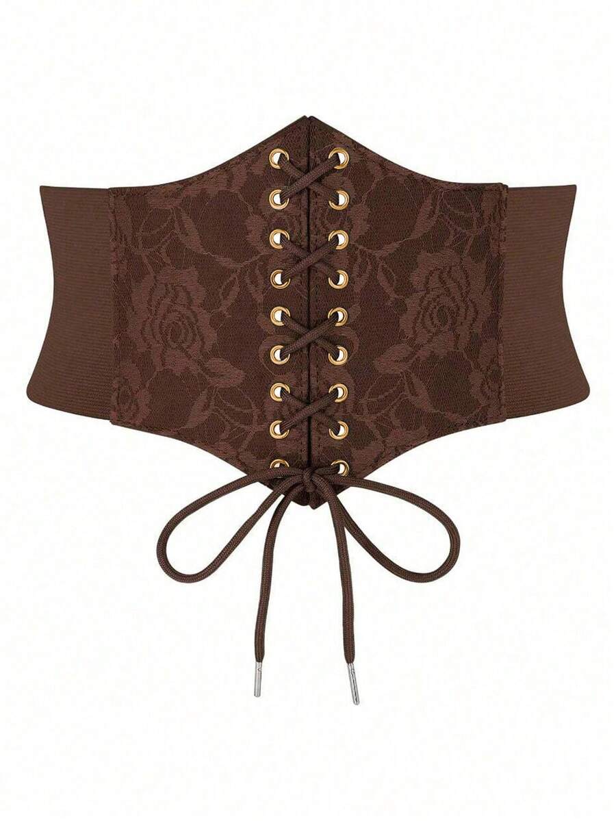 Black lace-up waist cincher with grommet eyelets, baroque pattern, medium stretch, and wide belt design for women.