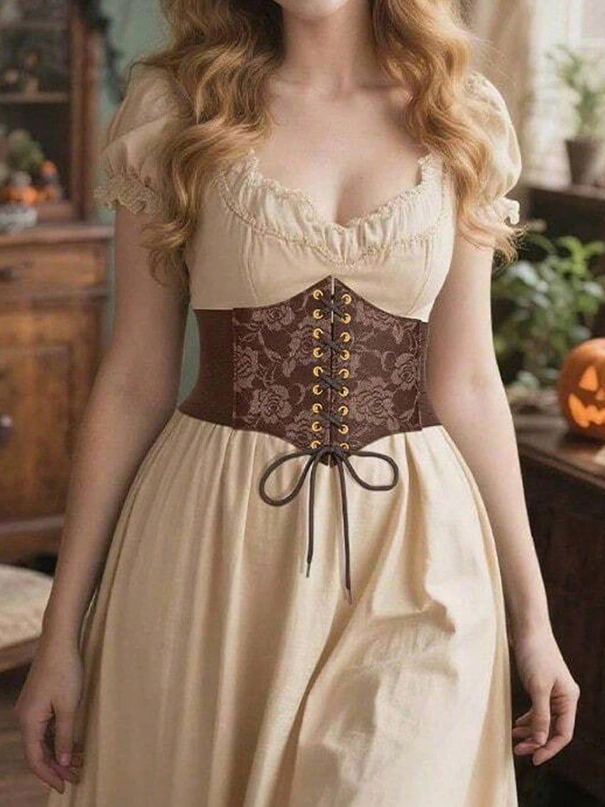 Black lace-up waist cincher with grommet eyelets, baroque pattern, medium stretch, and wide belt design for women.