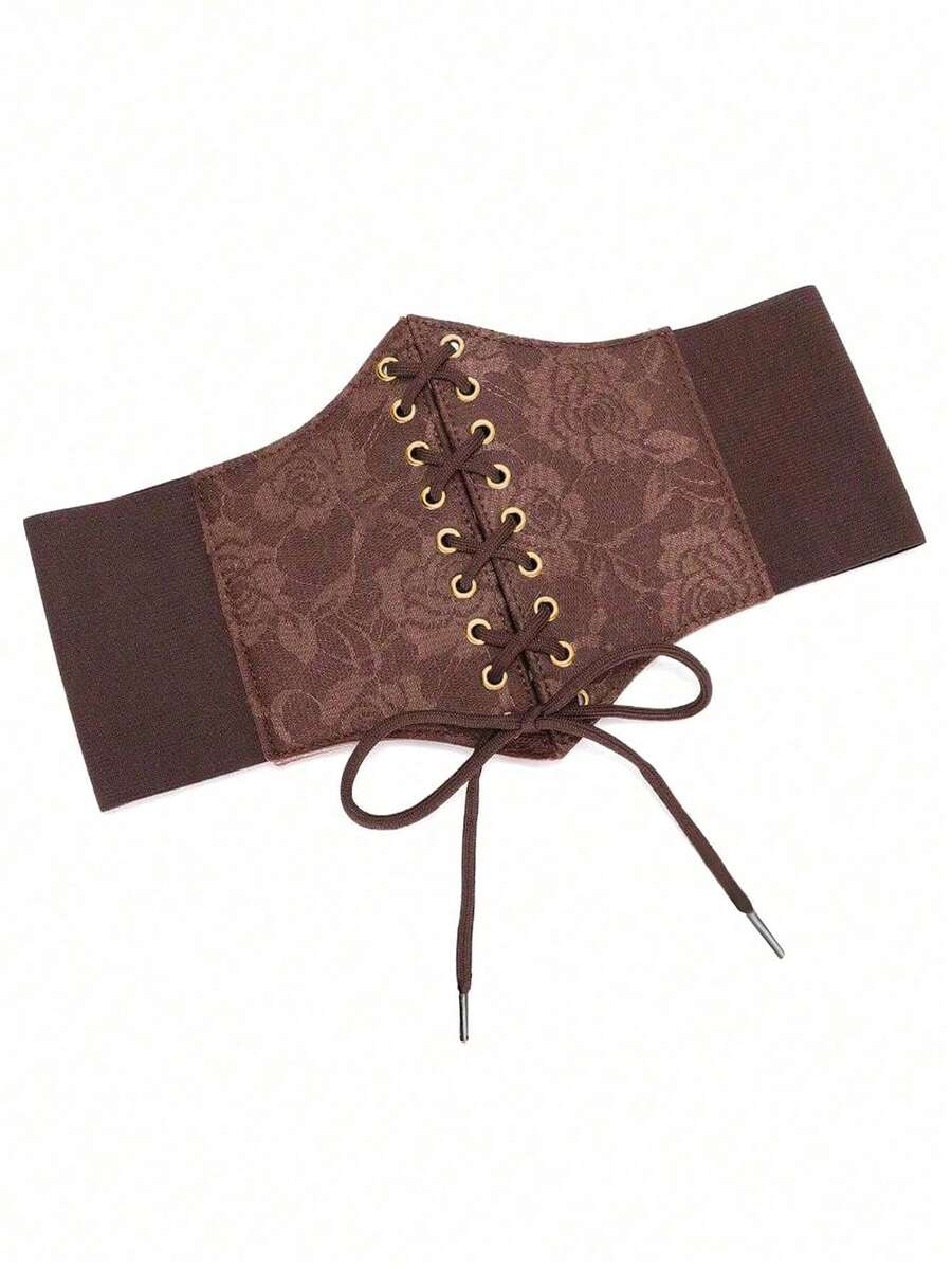 Black lace-up waist cincher with grommet eyelets, baroque pattern, medium stretch, and wide belt design for women.