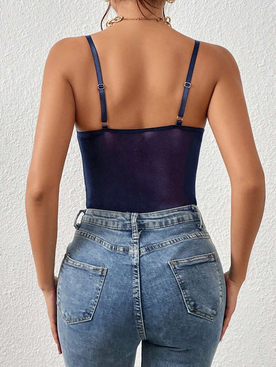 Apricot lace patchwork bodysuit for women featuring contrast corset detailing and spaghetti straps.