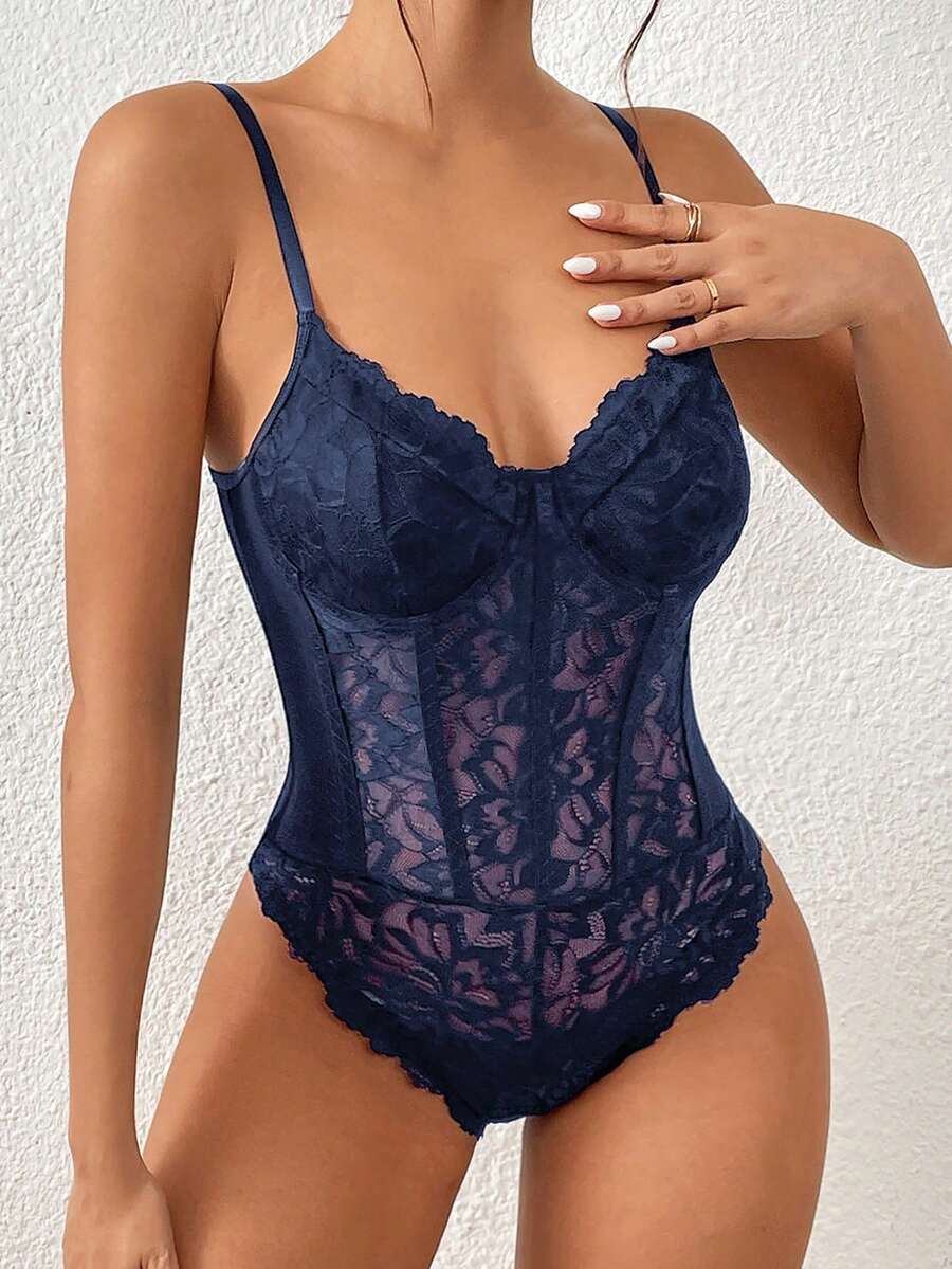 Apricot lace patchwork bodysuit for women featuring contrast corset detailing and spaghetti straps.