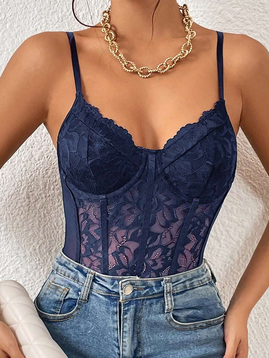 Apricot lace patchwork bodysuit for women featuring contrast corset detailing and spaghetti straps.