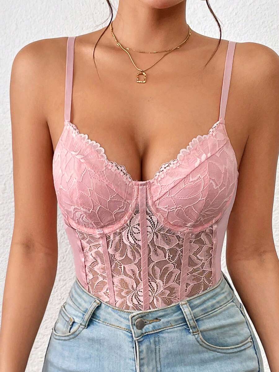 Apricot lace patchwork bodysuit for women featuring contrast corset detailing and spaghetti straps.