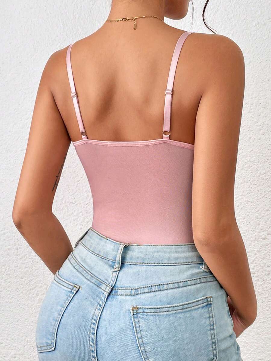 Apricot lace patchwork bodysuit for women featuring contrast corset detailing and spaghetti straps.