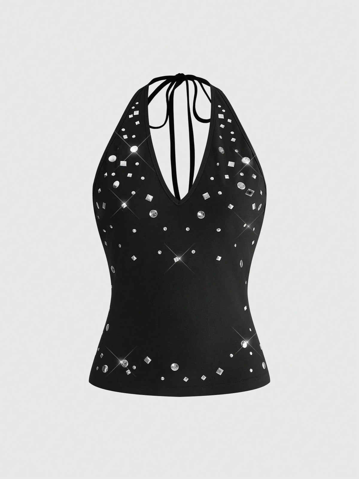 Women's black halter tank top featuring a lace-up tie-back design and slim fit cut.