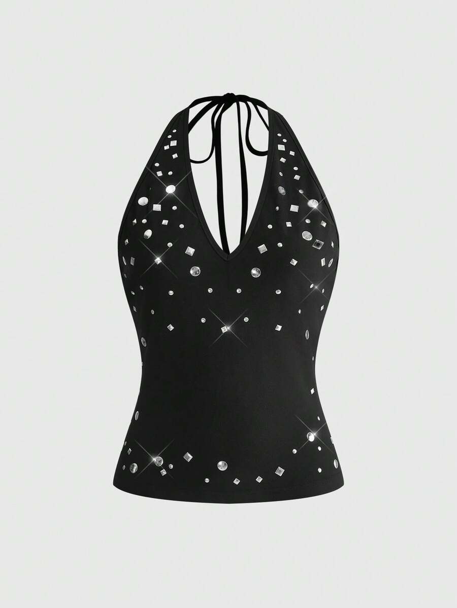 Women's black halter tank top featuring a lace-up tie-back design and slim fit cut.