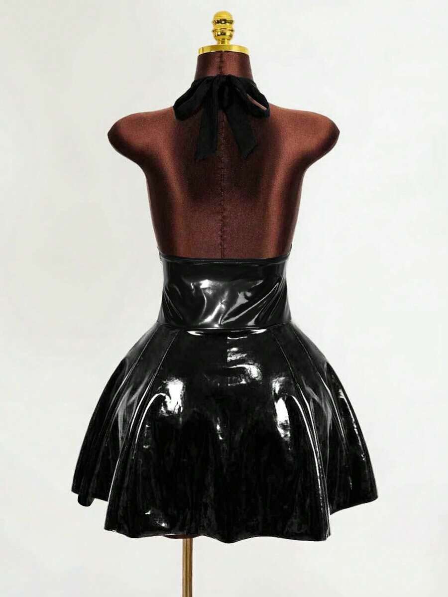 Women's black Goth PU leather mini dress featuring a backless halter neckline, cold shoulder detail, and flared hem.
