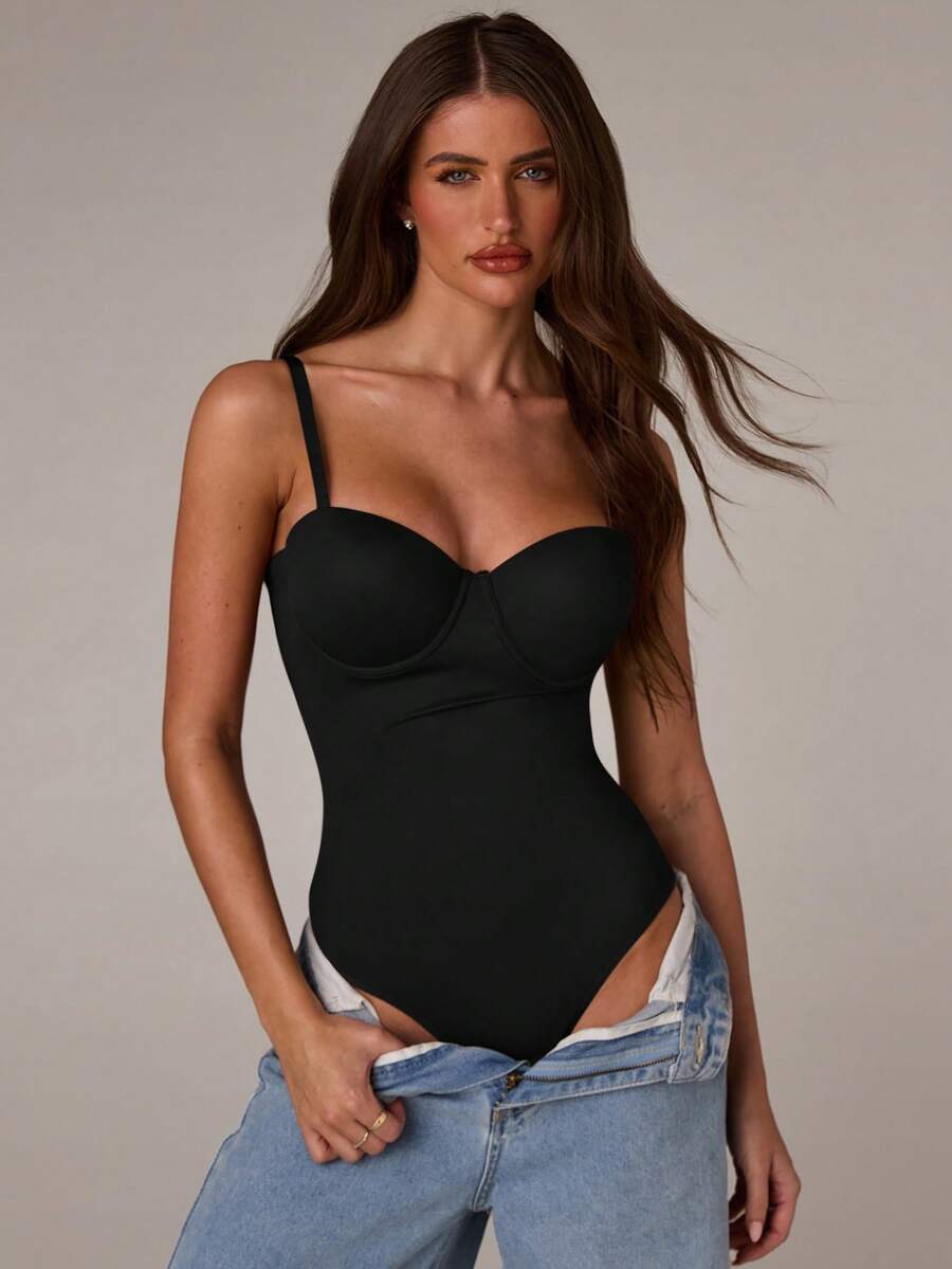 Apricot long shapewear bodysuit jumpsuit with cup detail featuring knitted stretch fabric for tummy and waist control