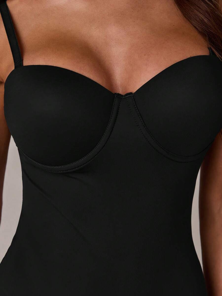 Apricot long shapewear bodysuit jumpsuit with cup detail featuring knitted stretch fabric for tummy and waist control