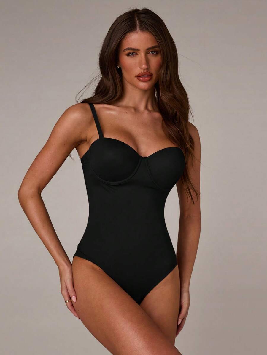 Apricot long shapewear bodysuit jumpsuit with cup detail featuring knitted stretch fabric for tummy and waist control