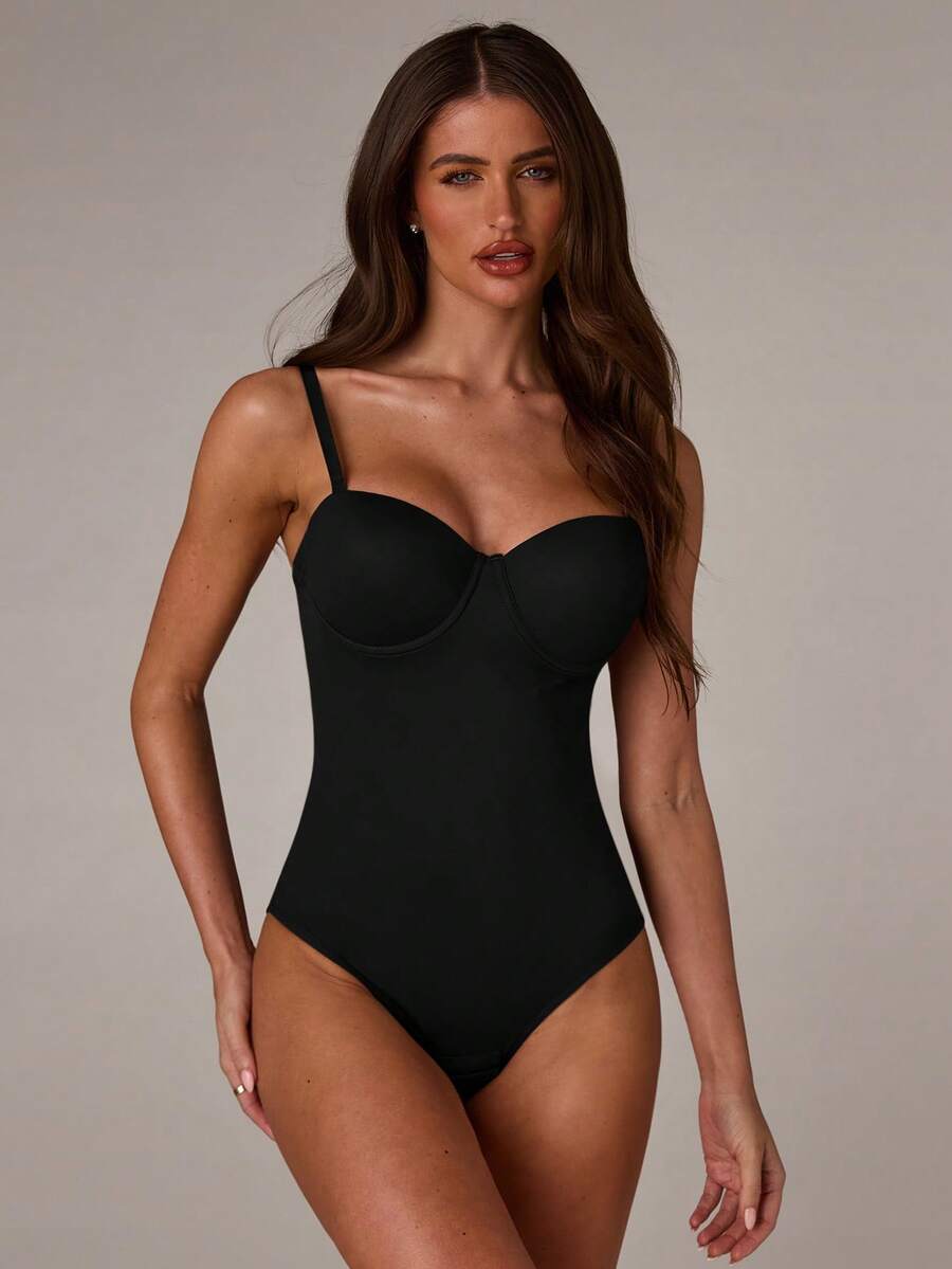 Apricot long shapewear bodysuit jumpsuit with cup detail featuring knitted stretch fabric for tummy and waist control