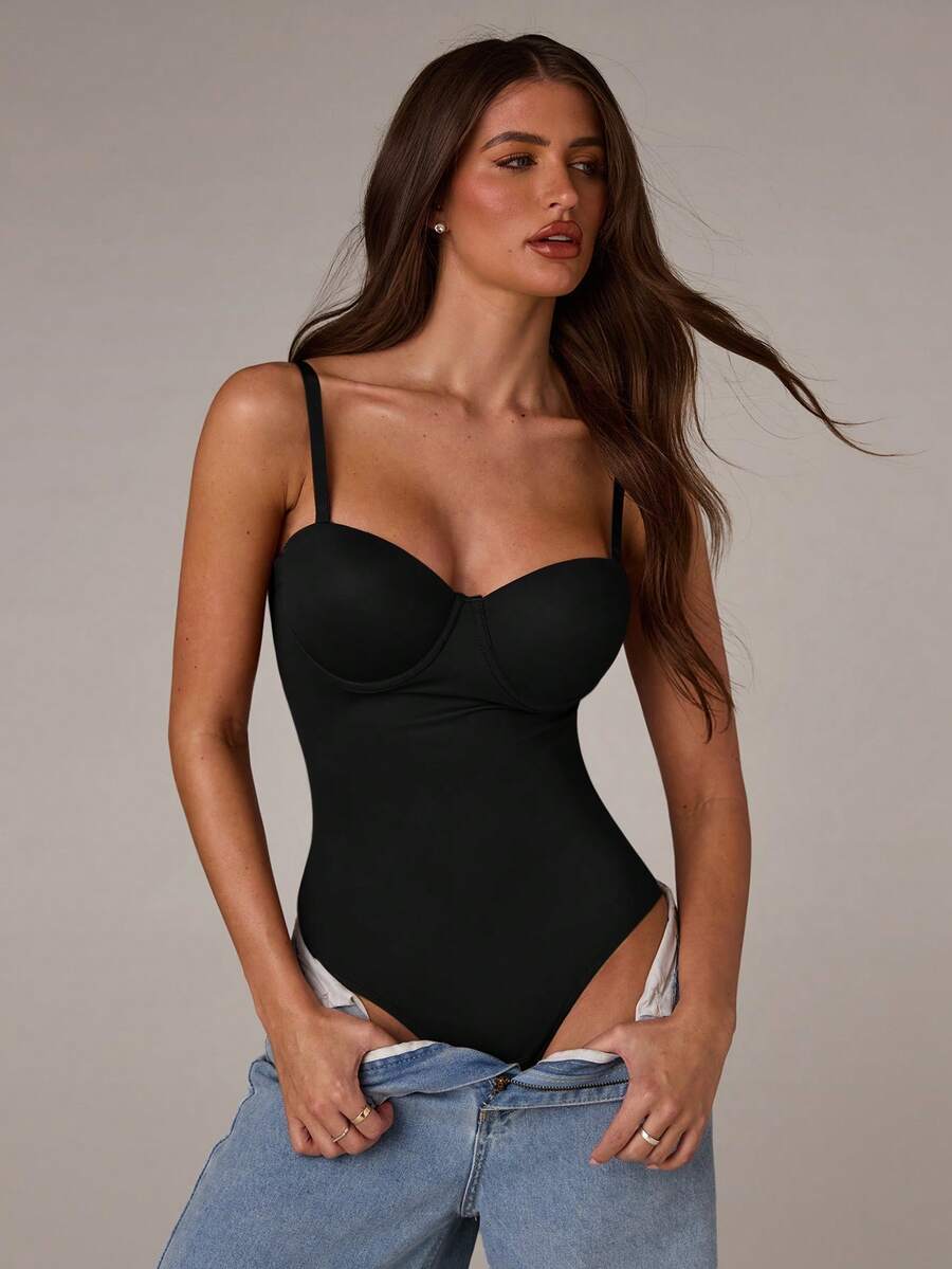 Apricot long shapewear bodysuit jumpsuit with cup detail featuring knitted stretch fabric for tummy and waist control