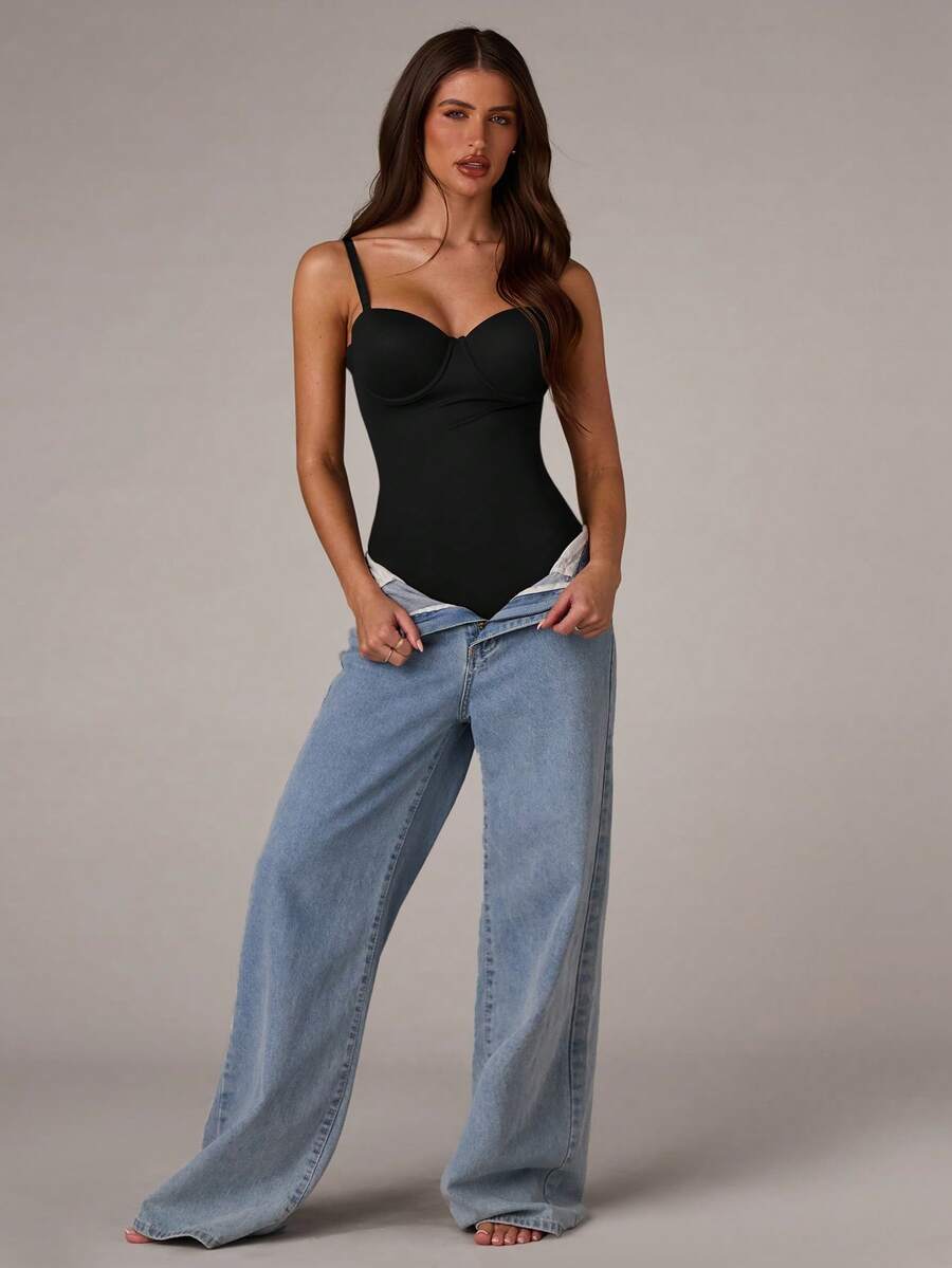 Apricot long shapewear bodysuit jumpsuit with cup detail featuring knitted stretch fabric for tummy and waist control