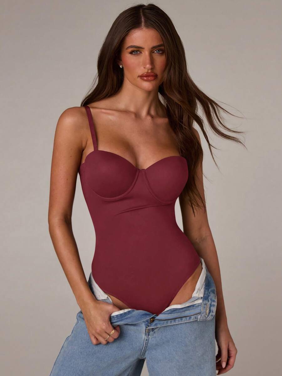 Apricot long shapewear bodysuit jumpsuit with cup detail featuring knitted stretch fabric for tummy and waist control