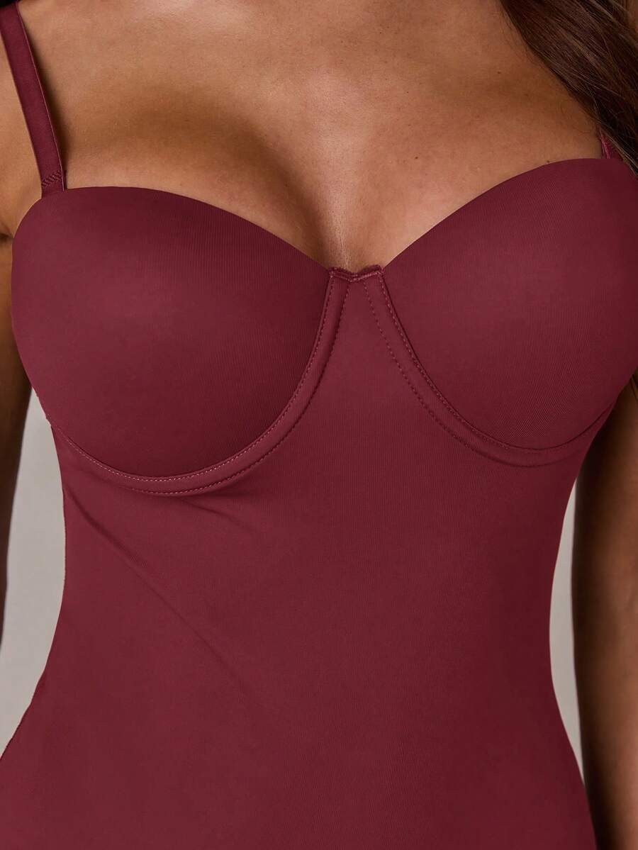 Apricot long shapewear bodysuit jumpsuit with cup detail featuring knitted stretch fabric for tummy and waist control
