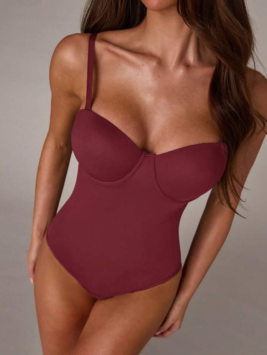 Apricot long shapewear bodysuit jumpsuit with cup detail featuring knitted stretch fabric for tummy and waist control