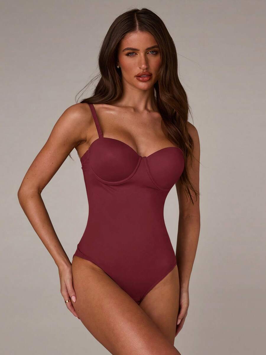 Apricot long shapewear bodysuit jumpsuit with cup detail featuring knitted stretch fabric for tummy and waist control