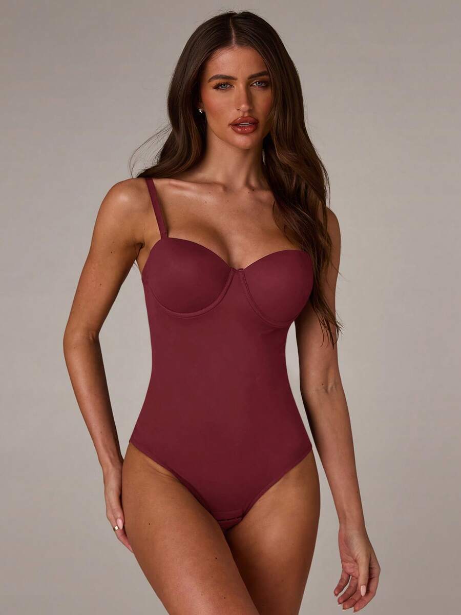 Apricot long shapewear bodysuit jumpsuit with cup detail featuring knitted stretch fabric for tummy and waist control
