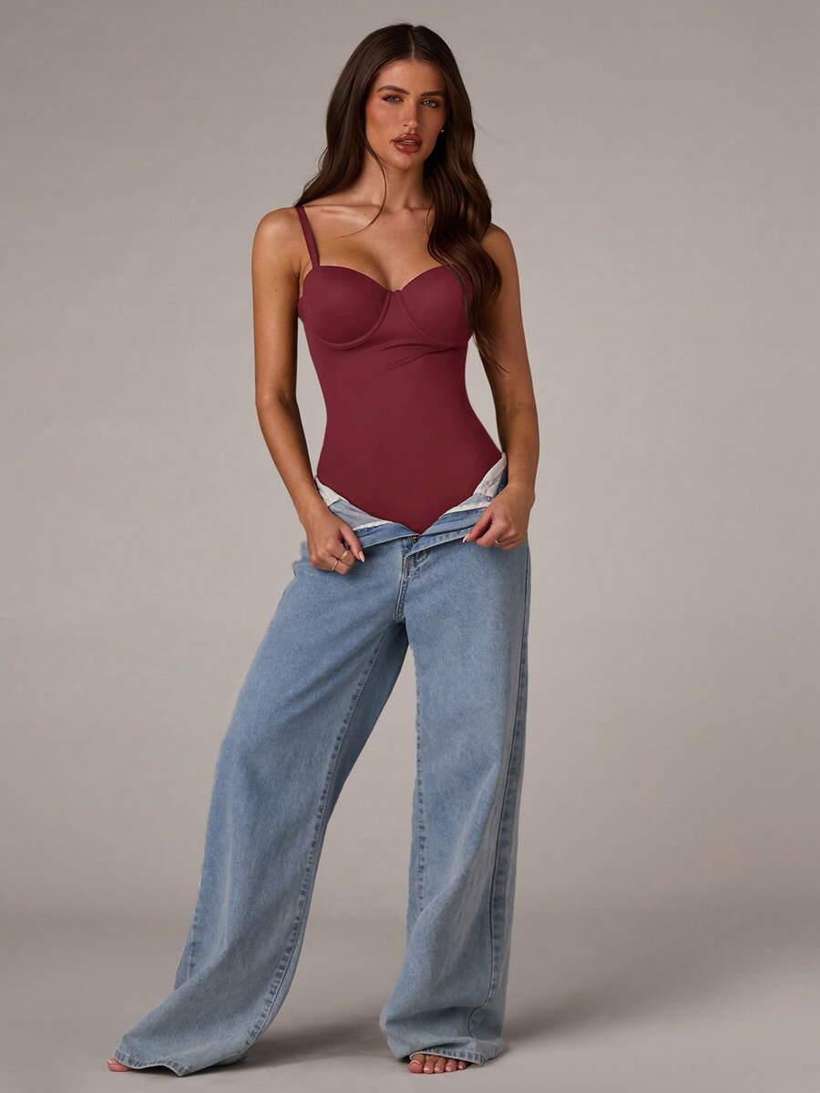 Apricot long shapewear bodysuit jumpsuit with cup detail featuring knitted stretch fabric for tummy and waist control