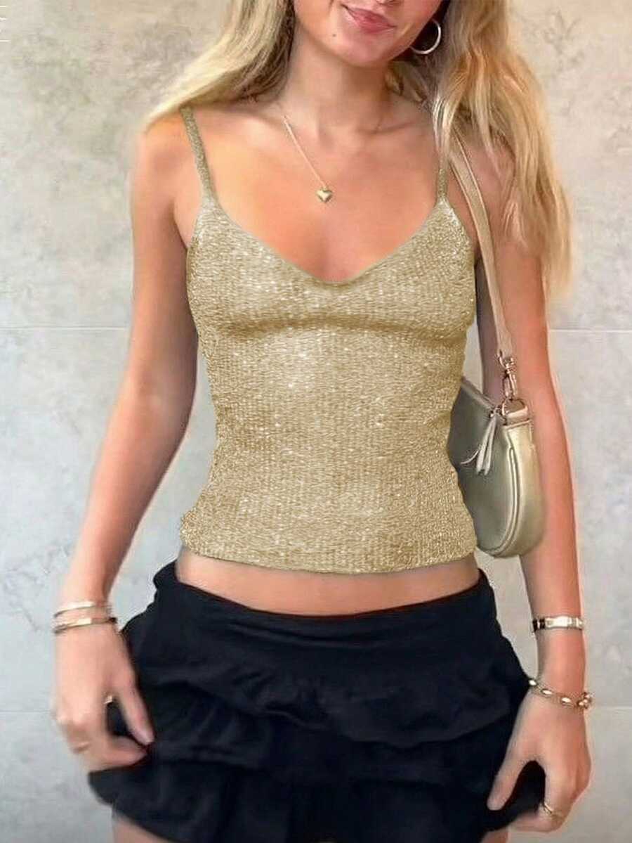 Grey rib-knit camisole top featuring a V-neckline and thin spaghetti straps for women.